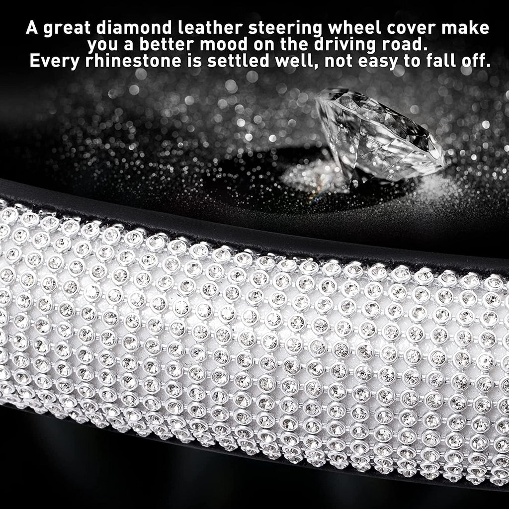Diamond Leather Steering Wheel Cover, Steering Wheel Cover Sparkling Crystal Rhinestones, Bling Car Accessories for Women, Universal Fit 15 Inch