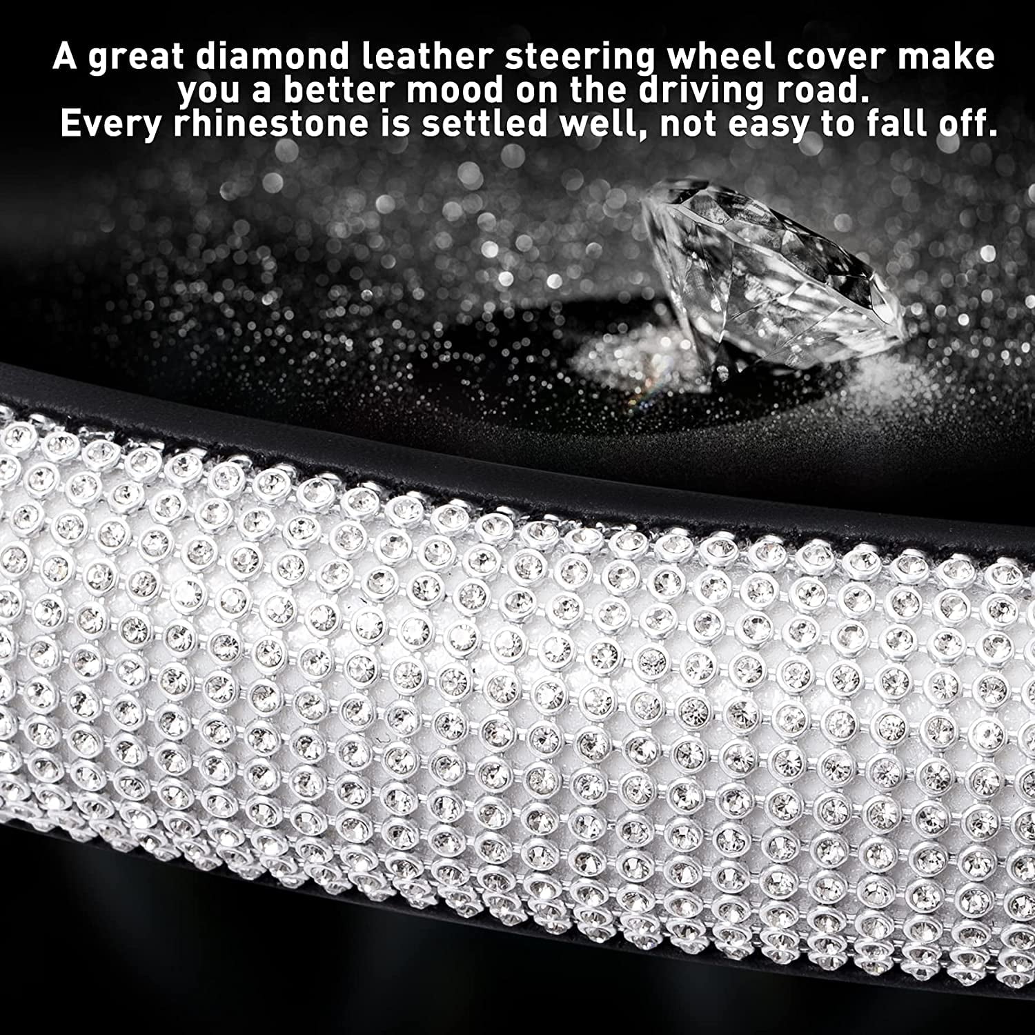 Diamond Leather Steering Wheel Cover, Steering Wheel Cover Sparkling Crystal Rhinestones, Bling Car Accessories for Women, Universal Fit 15 Inch