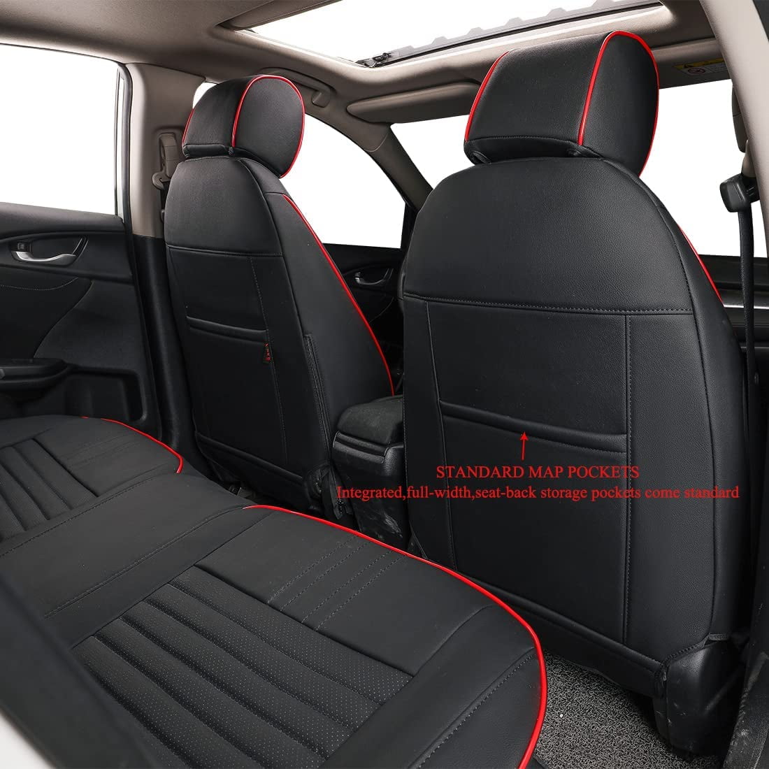 EKR Custom Car Seat Covers Auto Seat Covers for Select Honda Civic Hatchback EX,Sport Touring,EX-L 2016 2017 2018 2019 2020 2021 - Leatherette (Black with Red Trim)