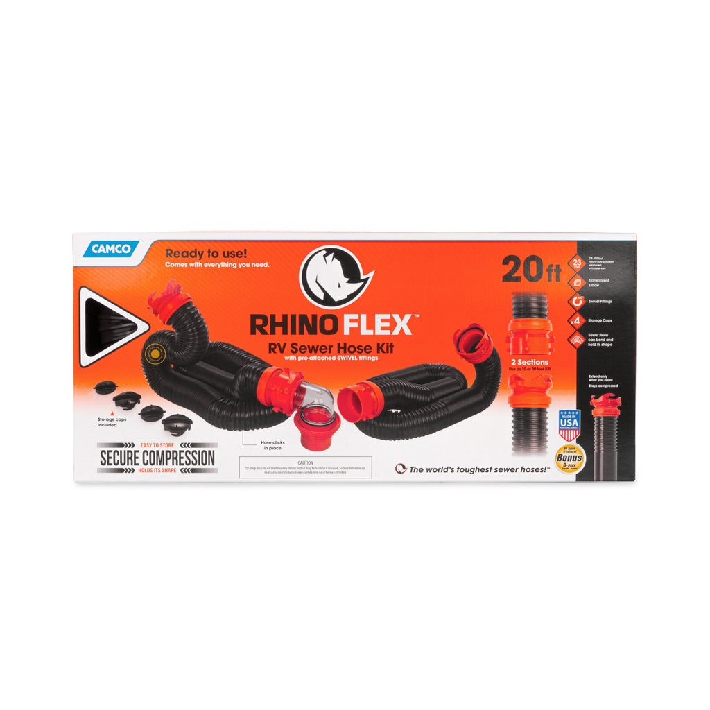 Camco RhinoFLEX 20-Foot Camper/RV Sewer Hose Kit | Polyolefin, Black & Orange (39744)