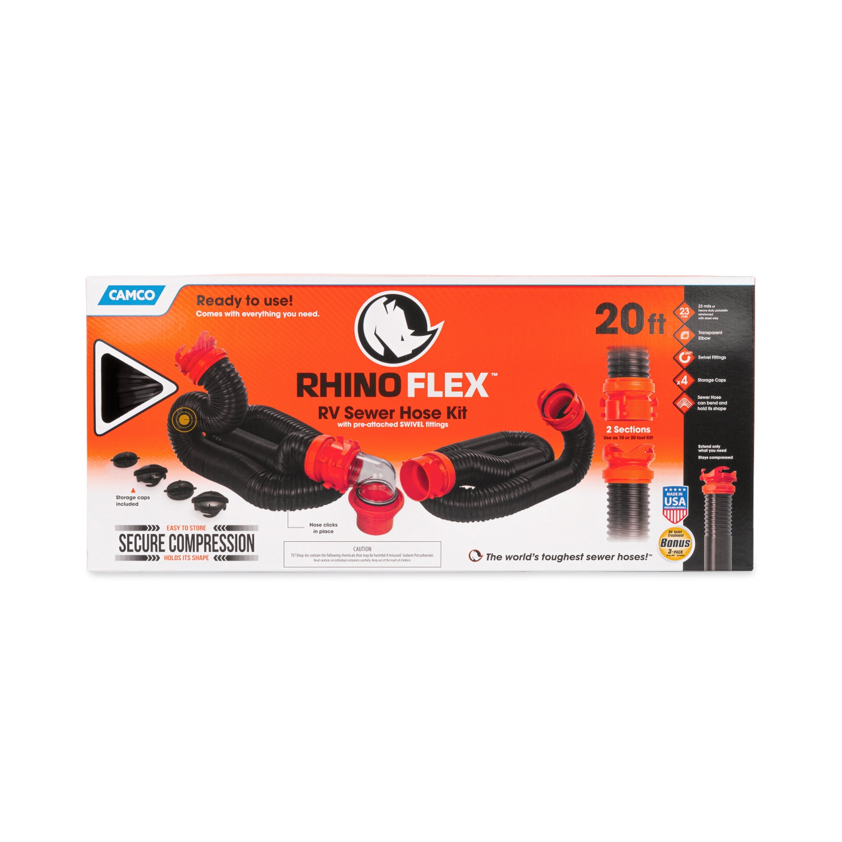 Camco RhinoFLEX 20-Foot Camper/RV Sewer Hose Kit | Polyolefin, Black & Orange (39744)