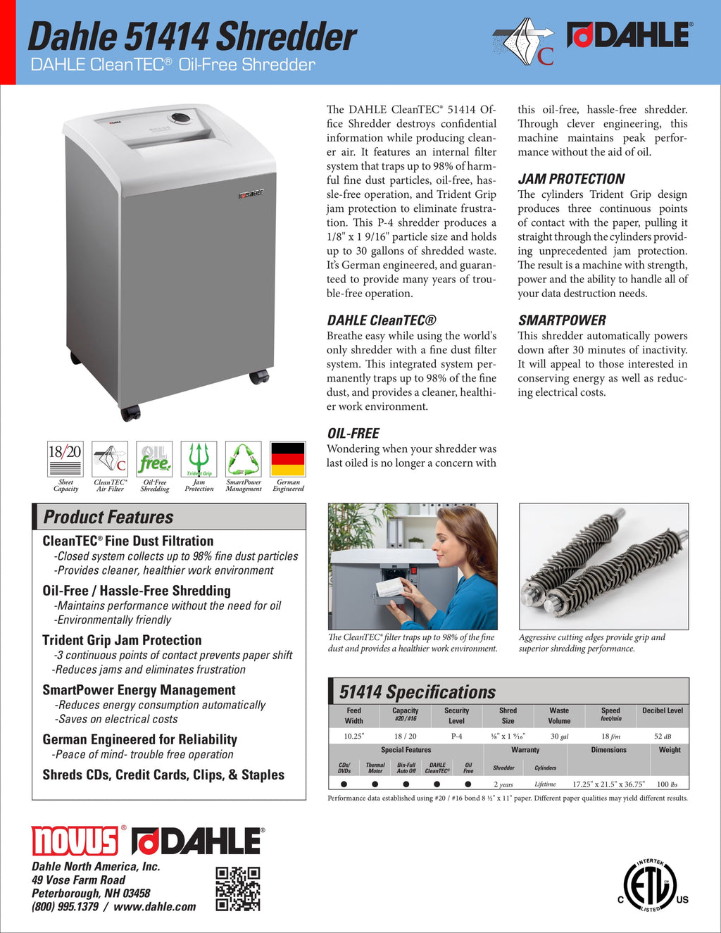 DAHLE CleanTEC 51414 Oil-Free Paper Shredder w/Air Filter, Jam Protection, 18 Sheet Max, Level P-4