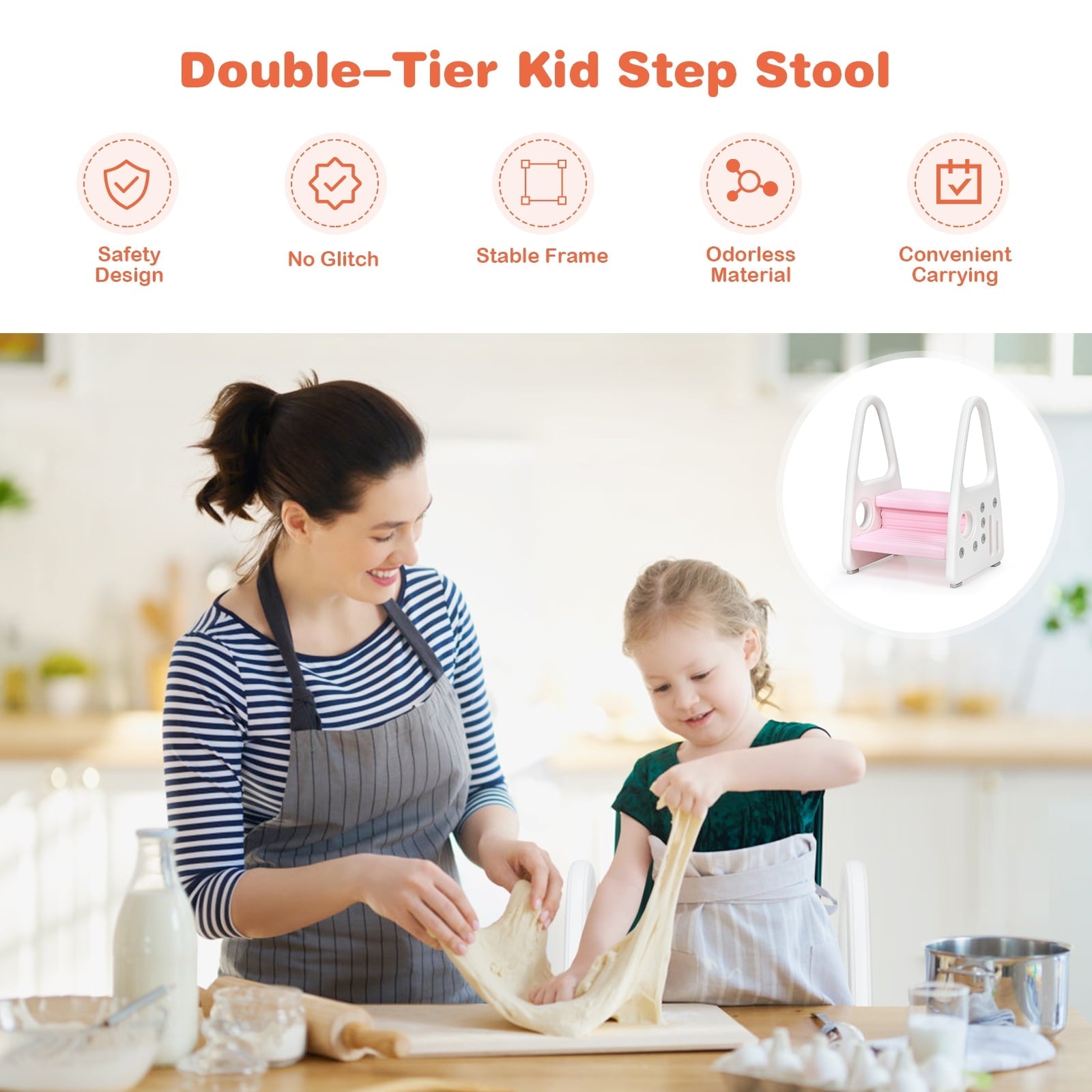 Infans Kids Step Stool Learning Helper w/Armrest for Kitchen Toilet Potty Training Pink