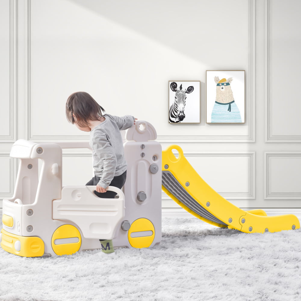 GERI Kids Slide with Bus Play Structure Climber, Freestanding Bus Climber with Slide for Toddlers, Bus Climber Slide Set with Basketball Hoop, Outdoor Playhouse for Toddlers, Yellow