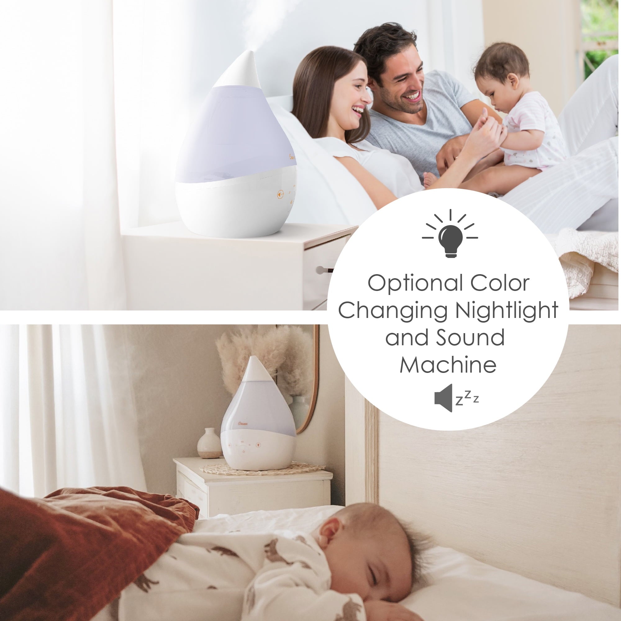 Crane Top Fill Drop 1 Gallon Ultrasonic Cool Mist Humidifier with Sound Machine and Optional Nightlight - White