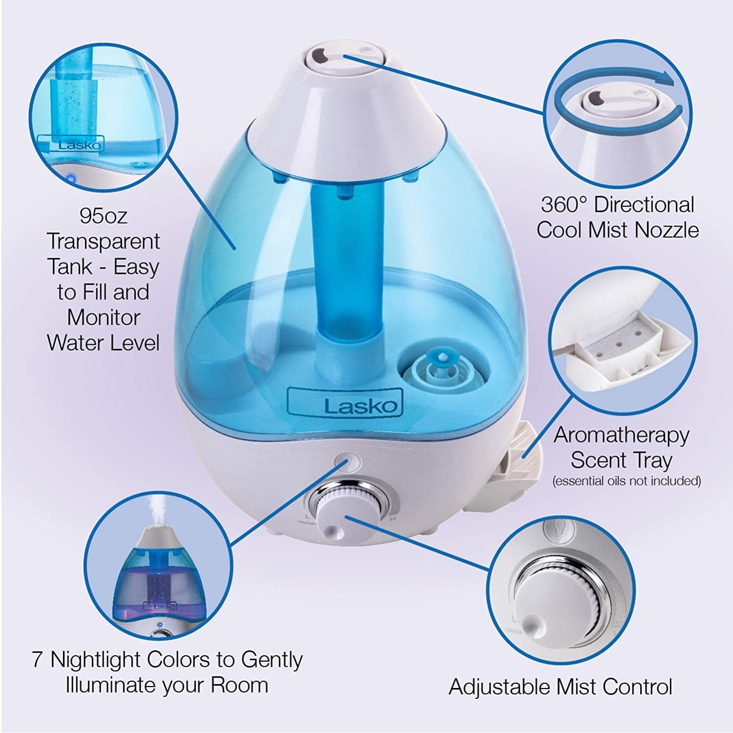 Lasko Ultrasonic Cool Mist Humidifier with Scent Tray and Nightlight, UH200, White and Blue