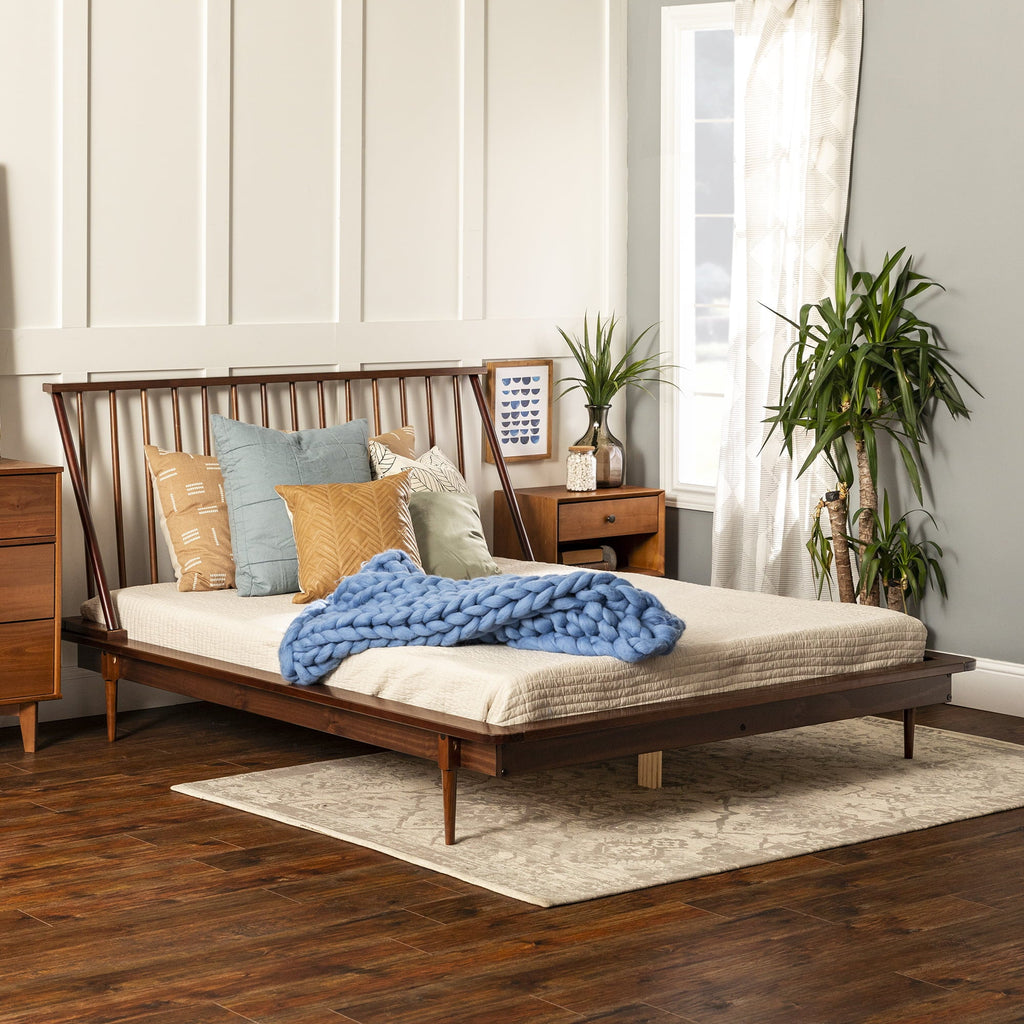 Walker Edison Modern Boho Queen Size Solid Wood Platform Bed, Walnut
