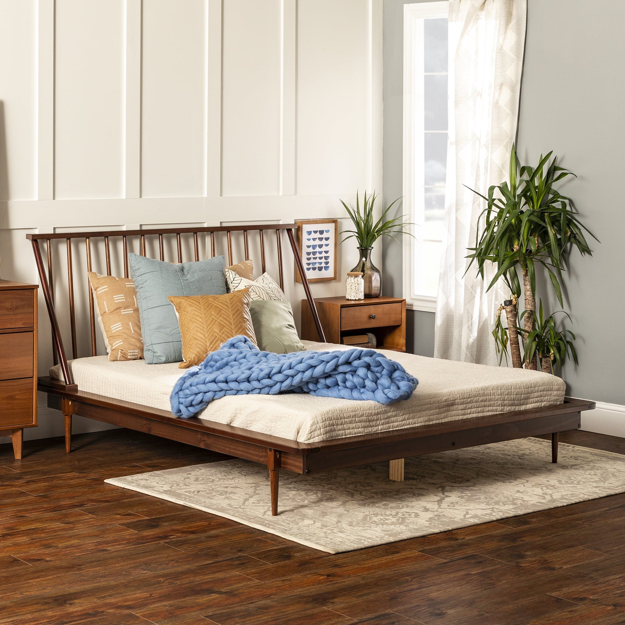 Walker Edison Modern Boho Queen Size Solid Wood Platform Bed, Walnut