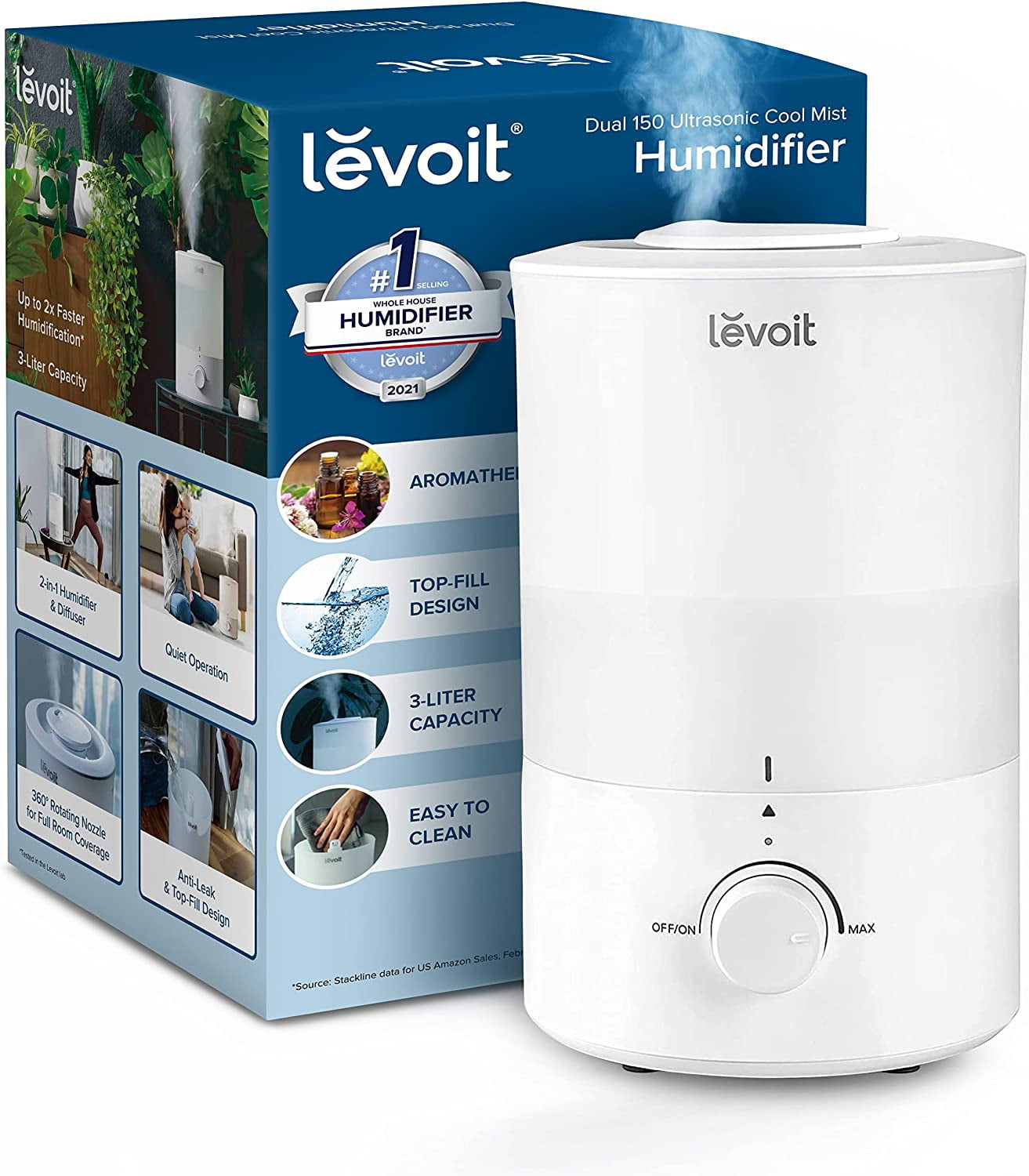 Levoit Cool Mist Humidifier for Room, 3L Top-Fill Humidifier for Bedrooms, and Baby Nurseries, with Aromatherapy, Dual 150, White