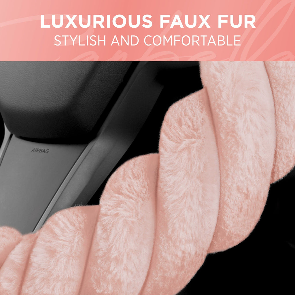 Carbella Twisted Fur Soft Pink Steering Wheel Cover, Standard 15 Inch Size Fits Most Vehicles, Fuzzy Fluffy Car Steering Cover with Soft Faux Fur Touch