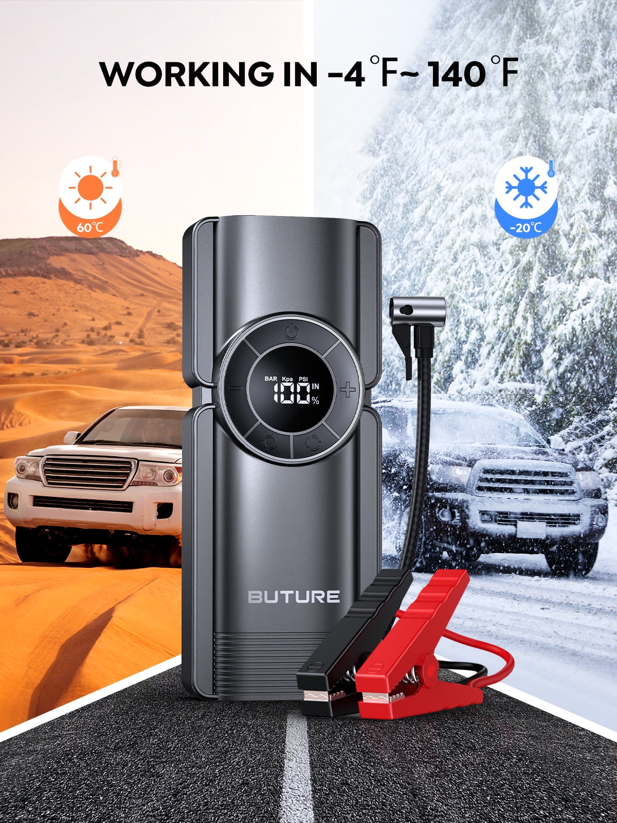 Car Jump Starter With Air Compressor Power Bank 20000mAh 2500A 12V Digital Tire Inflator Buture
