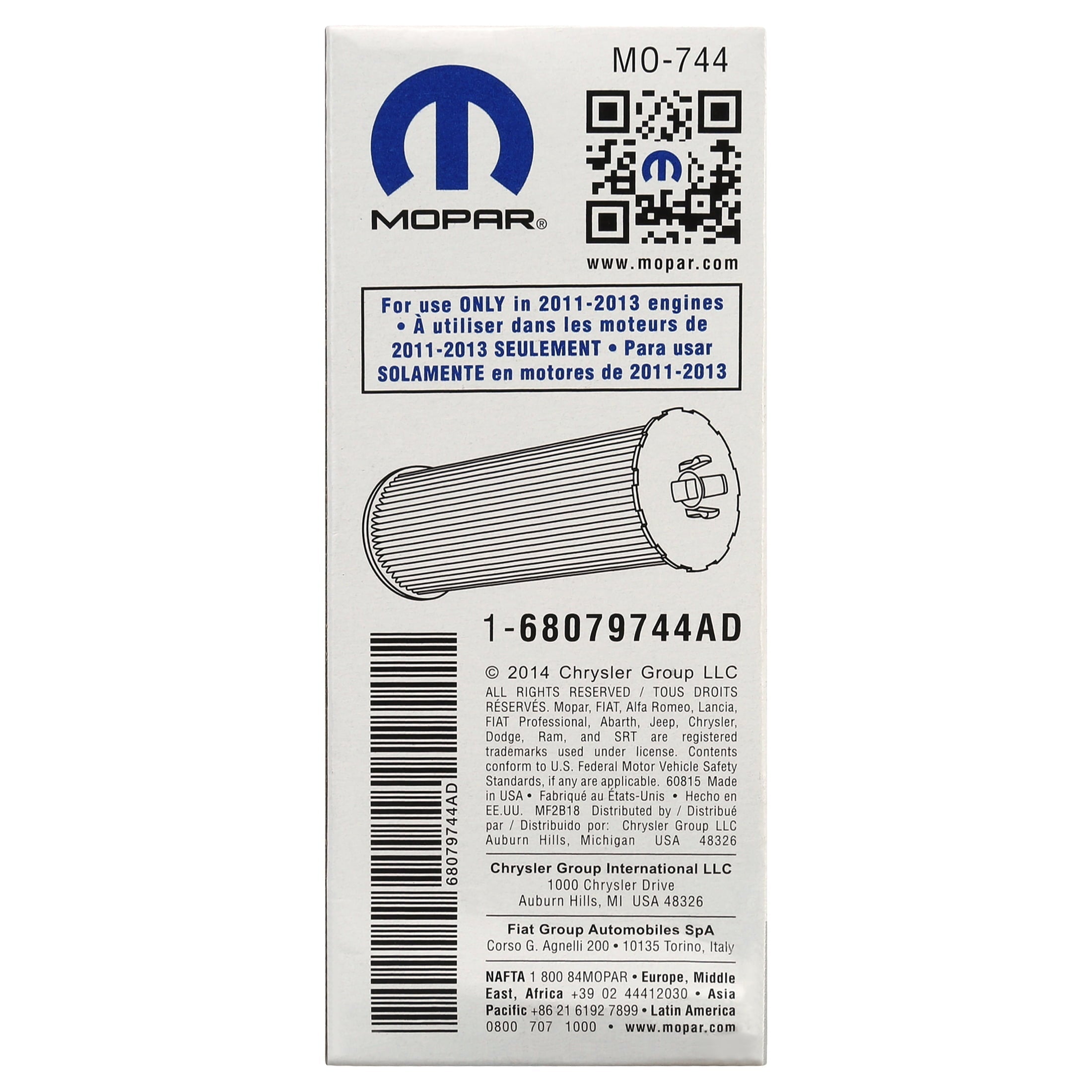 Chrysler Mopar Oil MO-744 Oil Filter Fits select: 2012-2013 JEEP WRANGLER, 2011-2013 DODGE GRAND CARAVAN