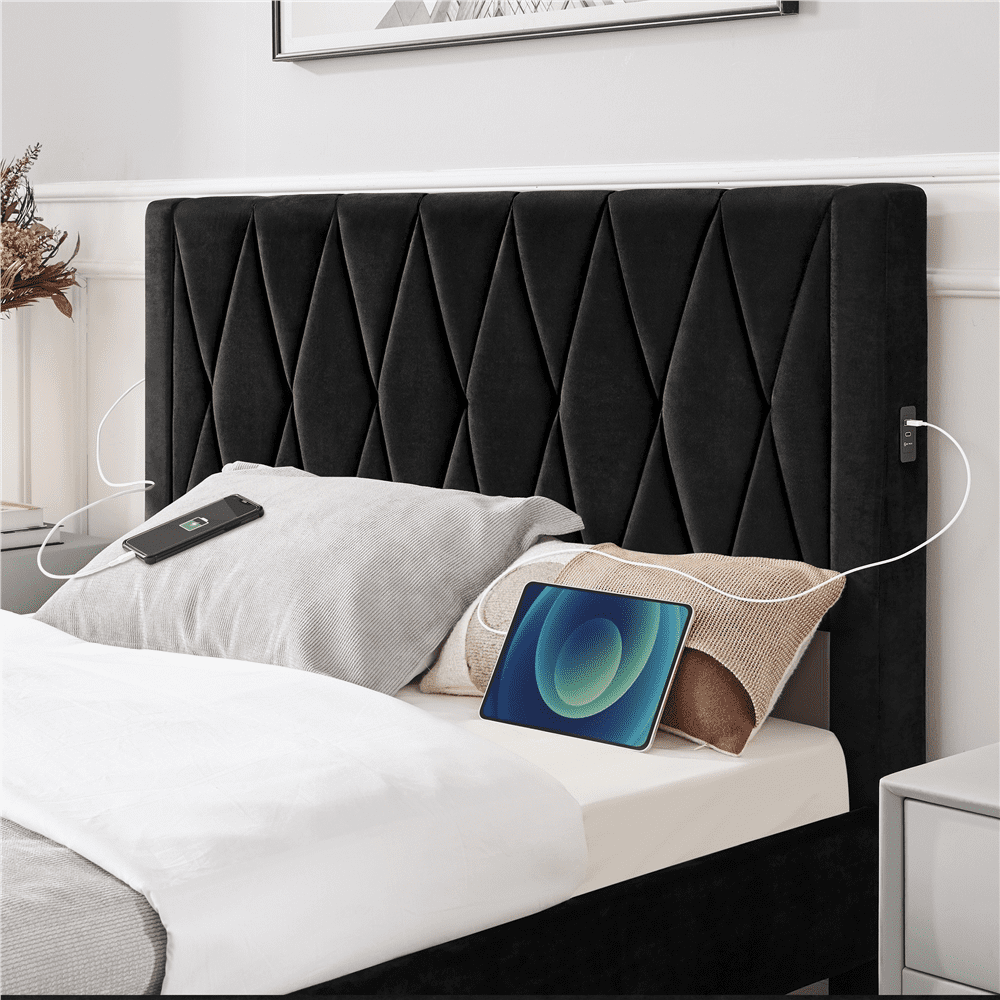 Yaheetech Upholstered Bed Frame with Built-In USB Ports and Tufted Headboard, Full Size, Black
