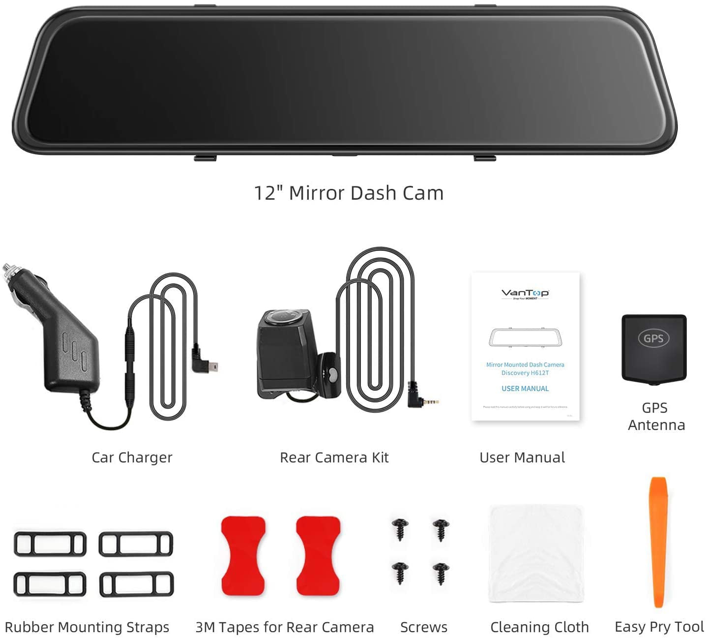 4K 12" Mirror Dash Cam - Vantop H612T Front & Rear View Dual Dash Camera, IPS Touch Screen, Voice Control Cars Mirror Camera W/Night Vision Parking Monitor