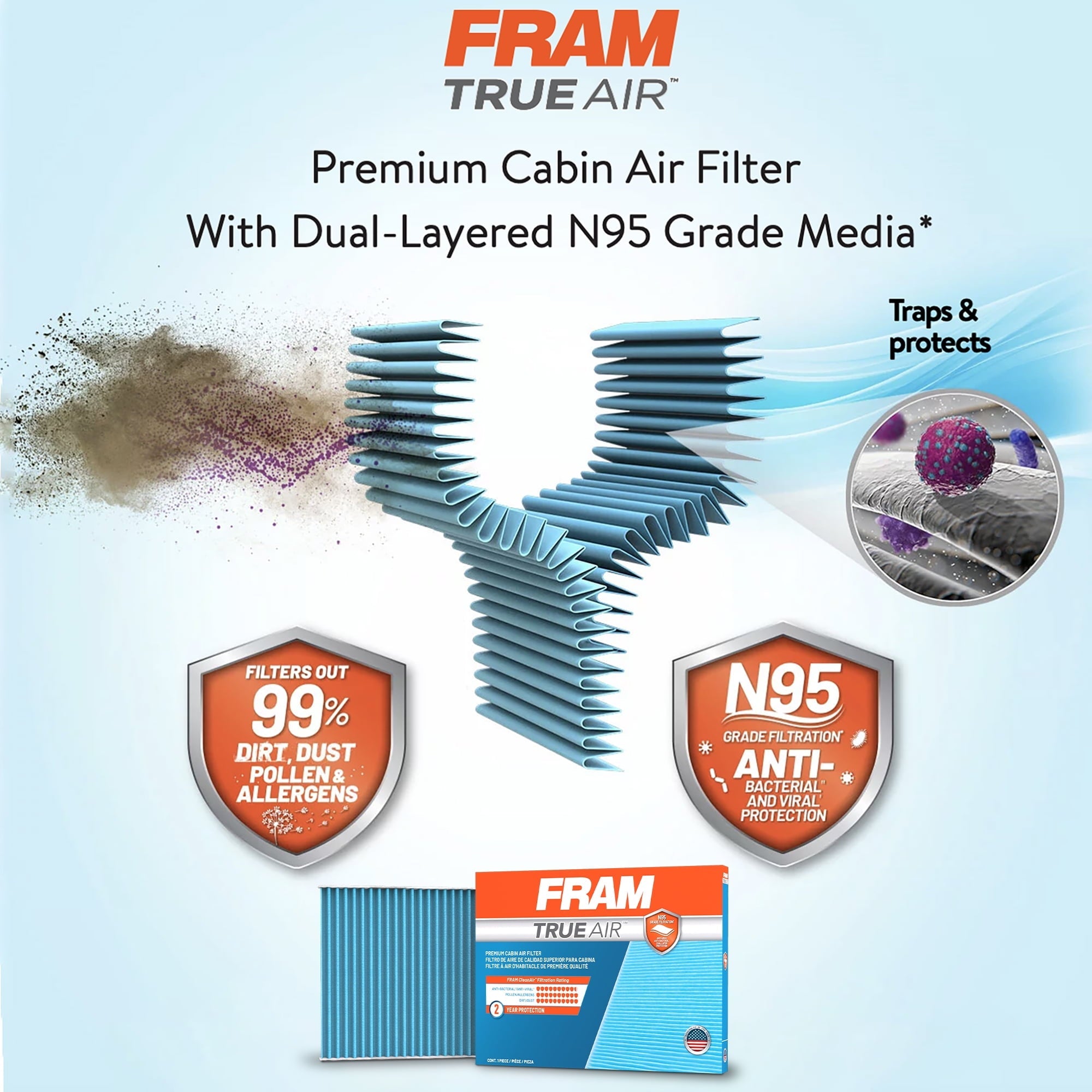 FRAM CV11966 TrueAir Premium Cabin Air Filter with N95 Grade Media for Select Buick, Chevrolet, Cadillac and GMC Vehicles Fits select: 2018-2024 CHEVROLET EQUINOX, 2019-2024 CHEVROLET SILVERADO