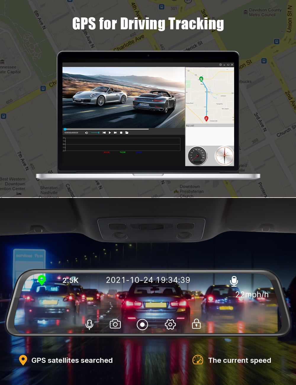 2.5K 12 Inch Mirror Dash Cam GPS Rear View Mirror Camera, Touch Screen Dual Dash Cam Front and Rear with Waterproof Backup Camera Parking Assistance, Night Vision, Loop Recording