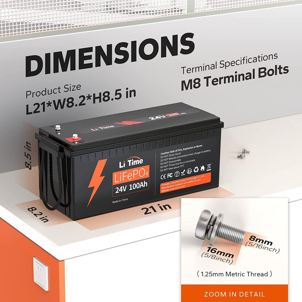 LiTime 24V 100Ah LiFePO4 Lithium Battery 4000+ Cycles 2.56kWh for Off-Grid Applications, RV, Solar, Motorhome