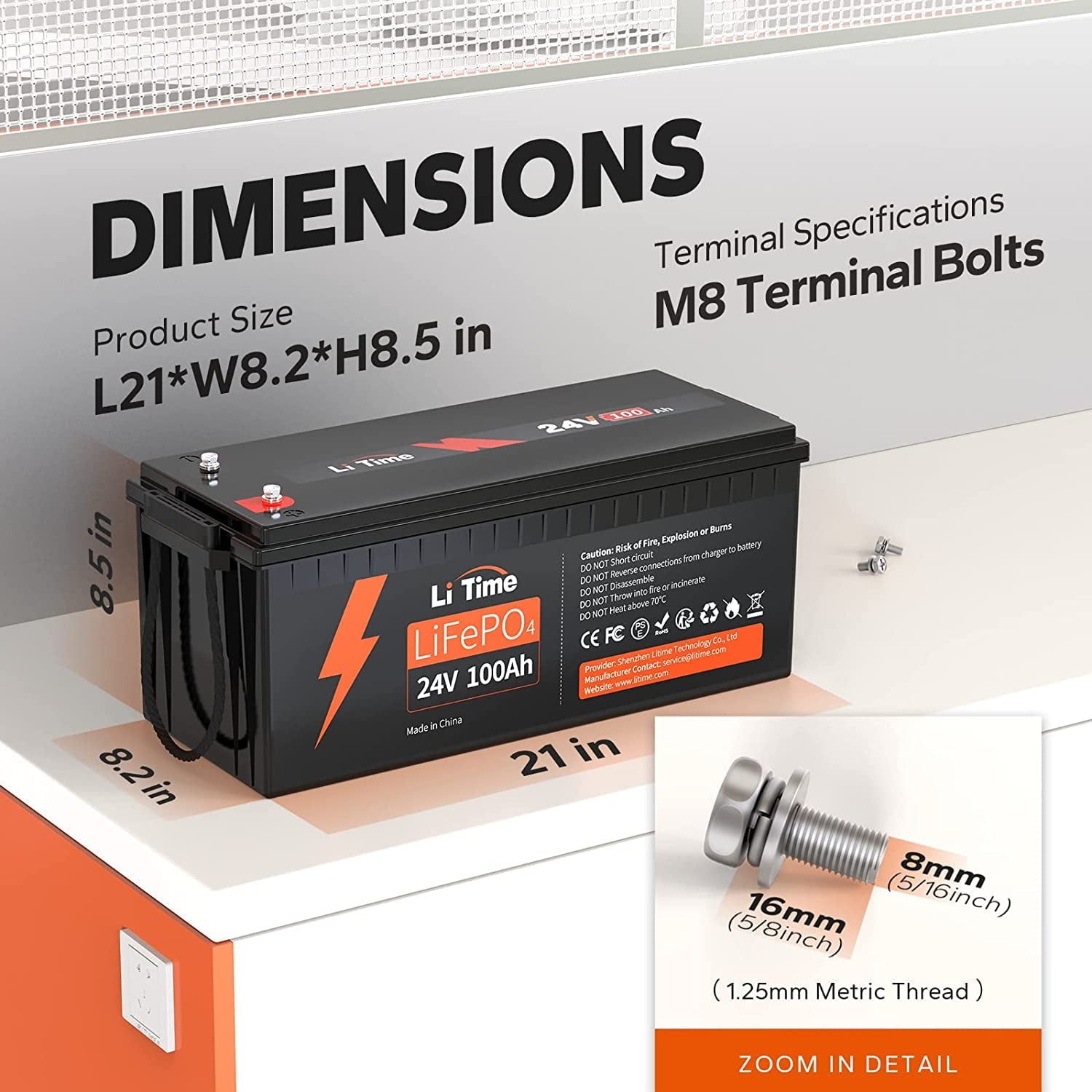 LiTime 24V 100Ah LiFePO4 Lithium Battery 4000+ Cycles 2.56kWh for Off-Grid Applications, RV, Solar, Motorhome