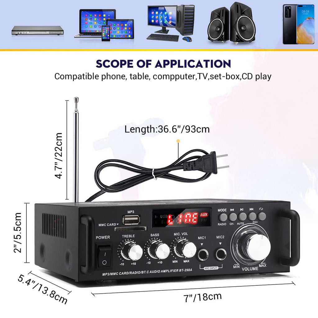 SOONHUA 600W Wireless Bluetooth 5.0 Stereo Audio Amplifier, with Bluetooth LCD Digital Display Stereo Receiver for Home Theater Speakers, Bass & Treble Control, USB/SD/RCA/MIC/FM in, Remote