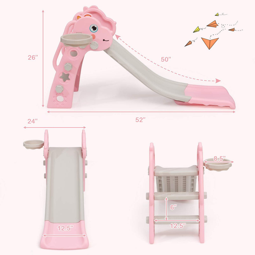 REIDIU 3 in 1 Slide for Kids, Toddler Slide Climber Set for Indoor Outdoor, Freestanding Game Slide with Extra Long Slipping Slope, Basketball Hoop and Ball for Boys & Girls (Pink)