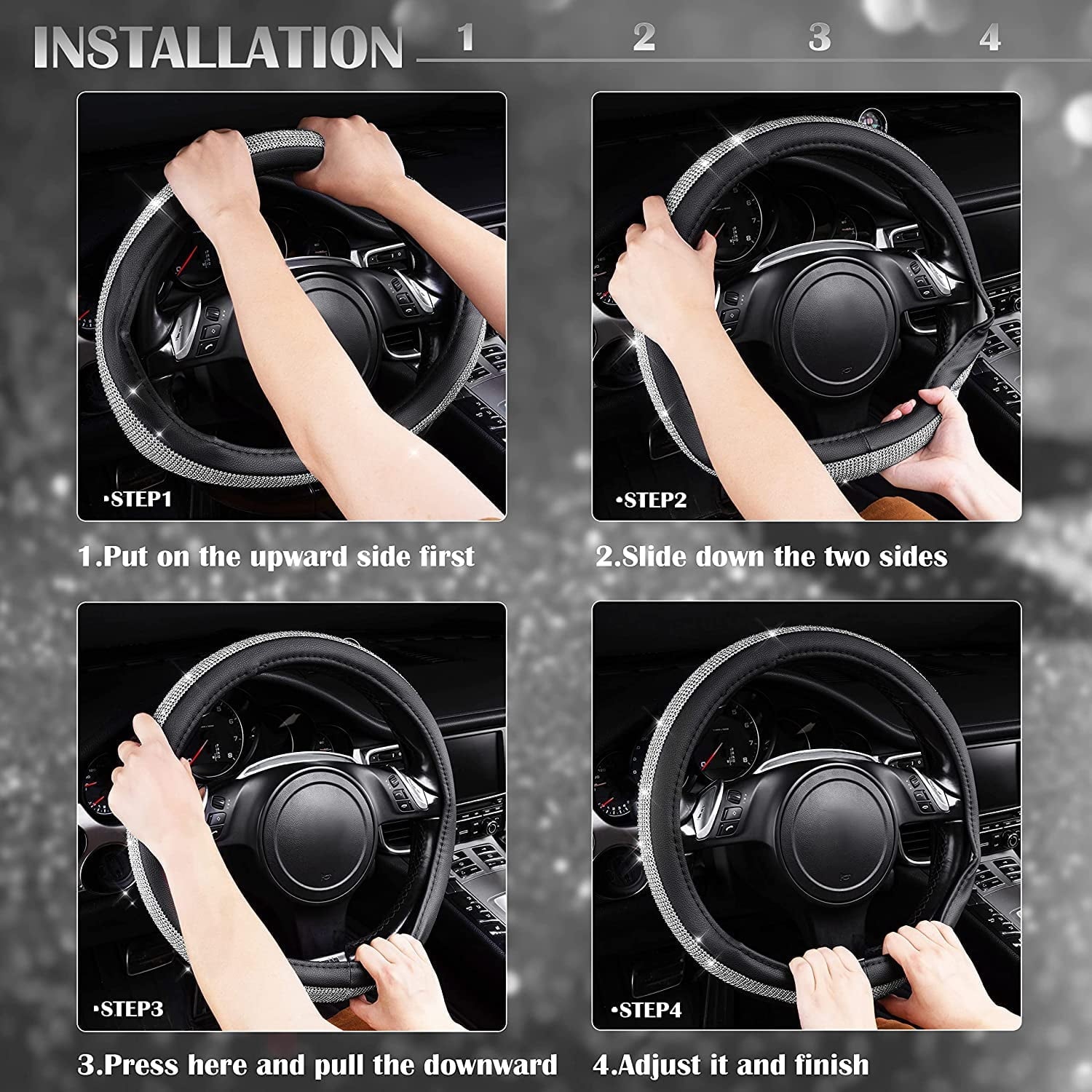 Daretodo Steering Wheel Cover for Women Girls Cute Bling Sparkly Diamond Universal Fit 15 Inch Car Wheel Protector Accessories