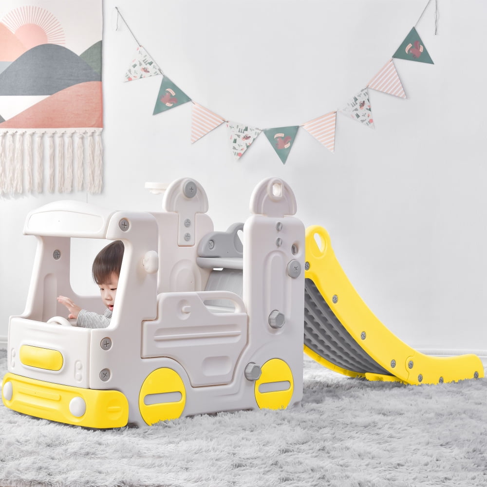 GERI Kids Slide with Bus Play Structure Climber, Freestanding Bus Climber with Slide for Toddlers, Bus Climber Slide Set with Basketball Hoop, Outdoor Playhouse for Toddlers, Yellow
