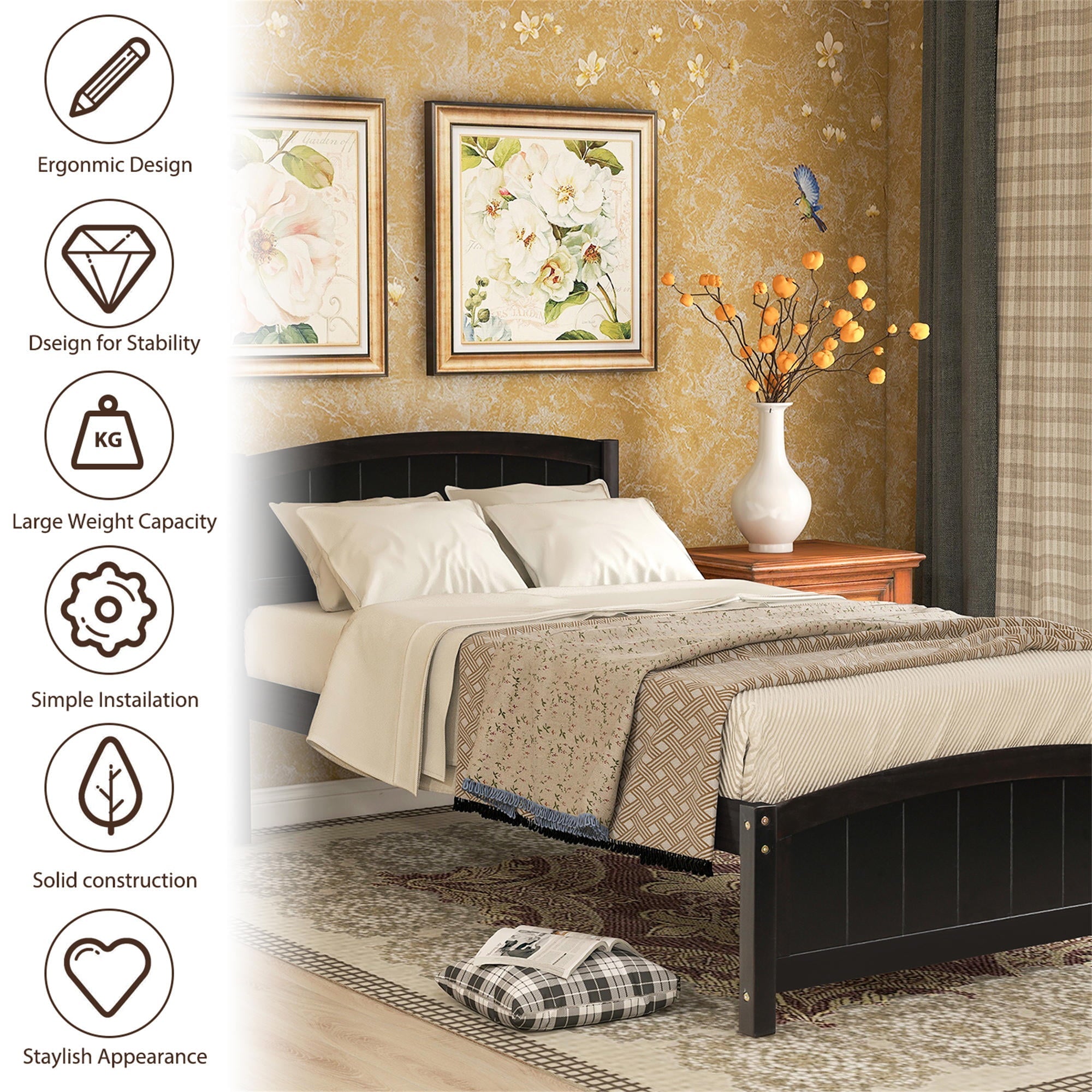 Wood Platform Bed, Twin Size Bed Frame Sleigh Bed with Headboard for Kids Teens Adults, Wood Slat Support, No Box Spring Needed, Space Saving Design, Expresso
