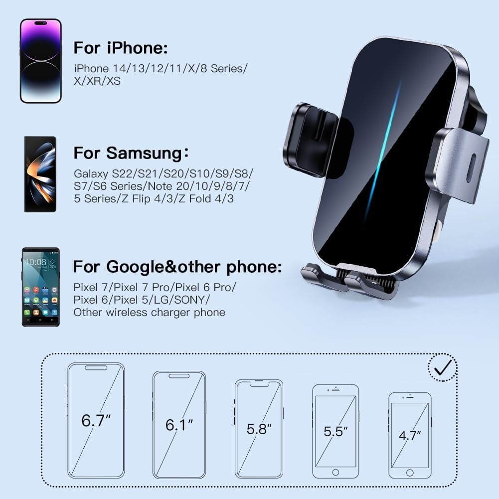 Hoey 3 in 1 Wireless Car Charger, 15W Smart Sensor Auto Clamping Air Vent Dashboard Windshield Car Phone Holder Mount, Compatible for iPhone, Samsung, Google, LG, etc