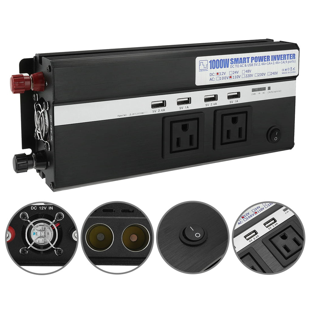 1000W Power Inverter 12V to 110VAC US Outlet 2.4A USB Port  Indicate Black