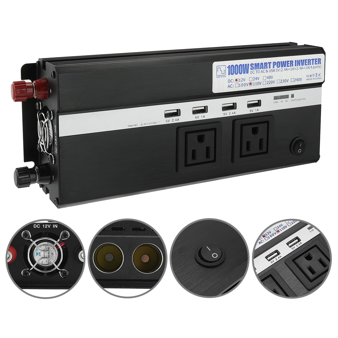 1000W Power Inverter 12V to 110VAC US Outlet 2.4A USB Port  Indicate Black