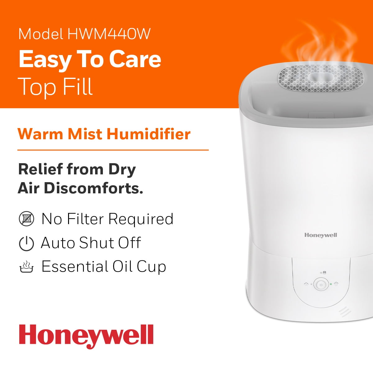 Honeywell 1.5 gal. 500 sq. ft. Filter Free Warm Mist Humidifier with Essential Oil Cup, White, HWM440W