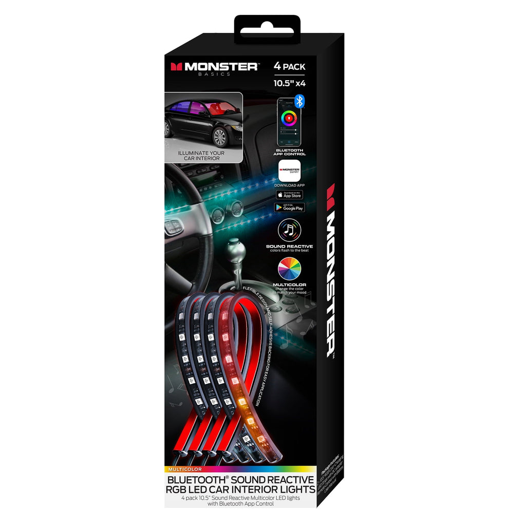 Monster LED Bluetooth Sound-Reactive Multi-Color Car Interior Lights, Customize with App, 4-Pack of 10.5" Strips