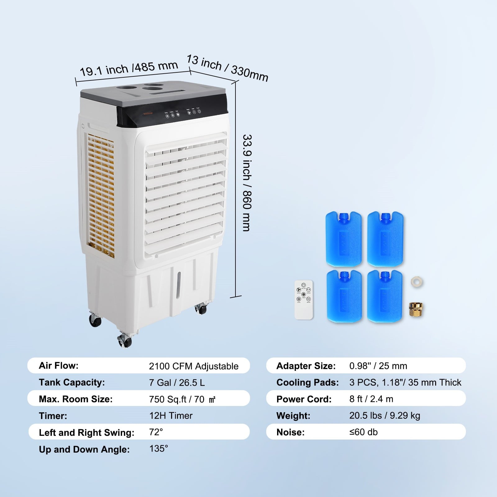 BENTISM Evaporative Cooler Swamp Cooler 3-in-1 2100 CFM 7 Gal 12h Timer Air Humidifier