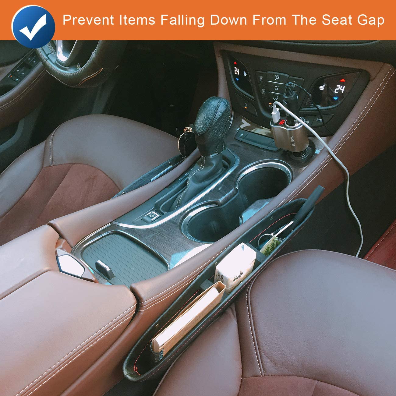 Plutput 2 Pack Car Seat Gap Filler Organizer PU Leather Car Seat Console Pocket Storage Box for Phone, Cards, Keys, Sunglasses