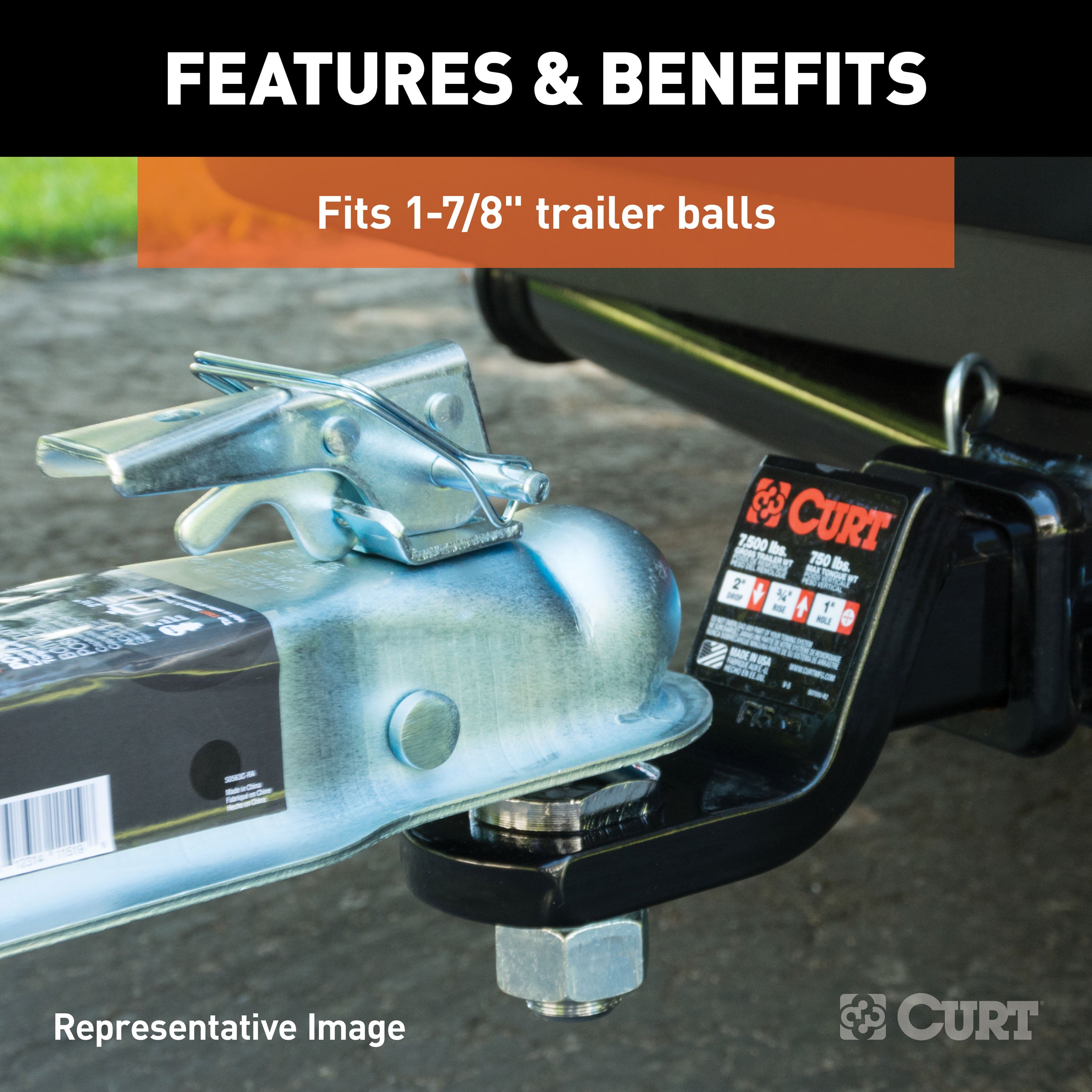 CURT 25128 Straight Tongue Trailer Coupler for 2-Inch Channel, 1-7/8-In Hitch Ball, 2,000 lbs