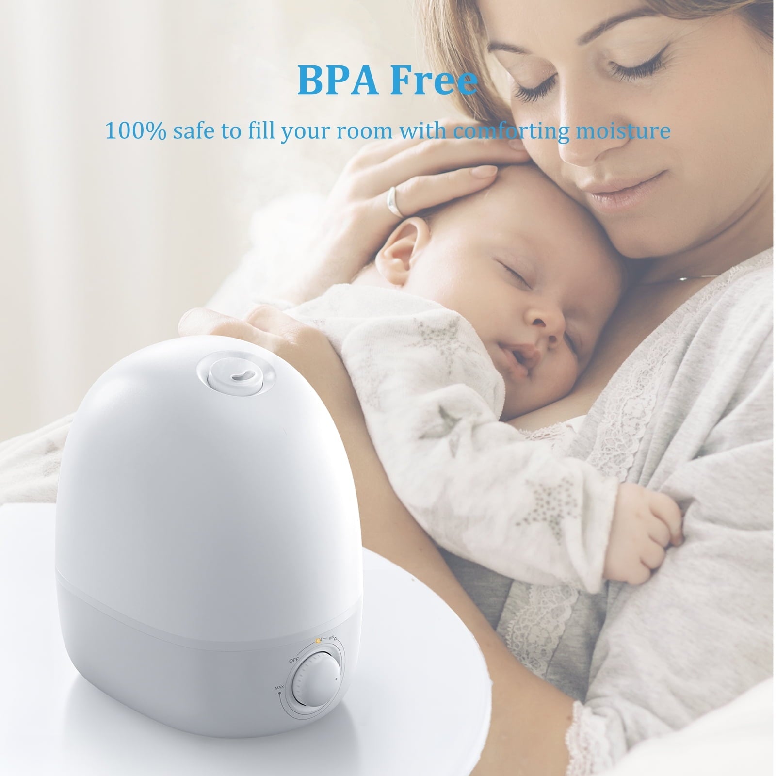 TaoTronics Humidifiers, 2.5L Ultrasonic Cool Mist Humidifier, 26dB Whisper Quiet Essential Oil Diffuser with Night Light for Baby Room, Nursery, Bedroom, Home, Office, White