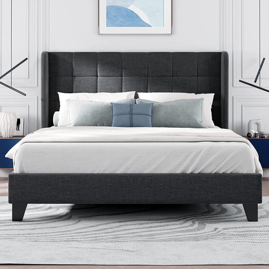 Allewie Queen Size Platform Bed with Wingback Fabric Upholstered Square Stitched Headboard and Wooden Slats, Grey