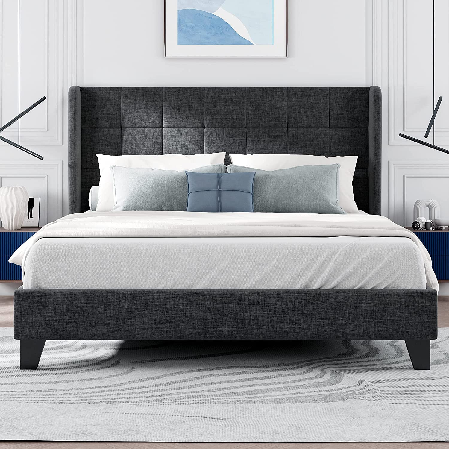 Allewie Queen Size Platform Bed with Wingback Fabric Upholstered Square Stitched Headboard and Wooden Slats, Grey