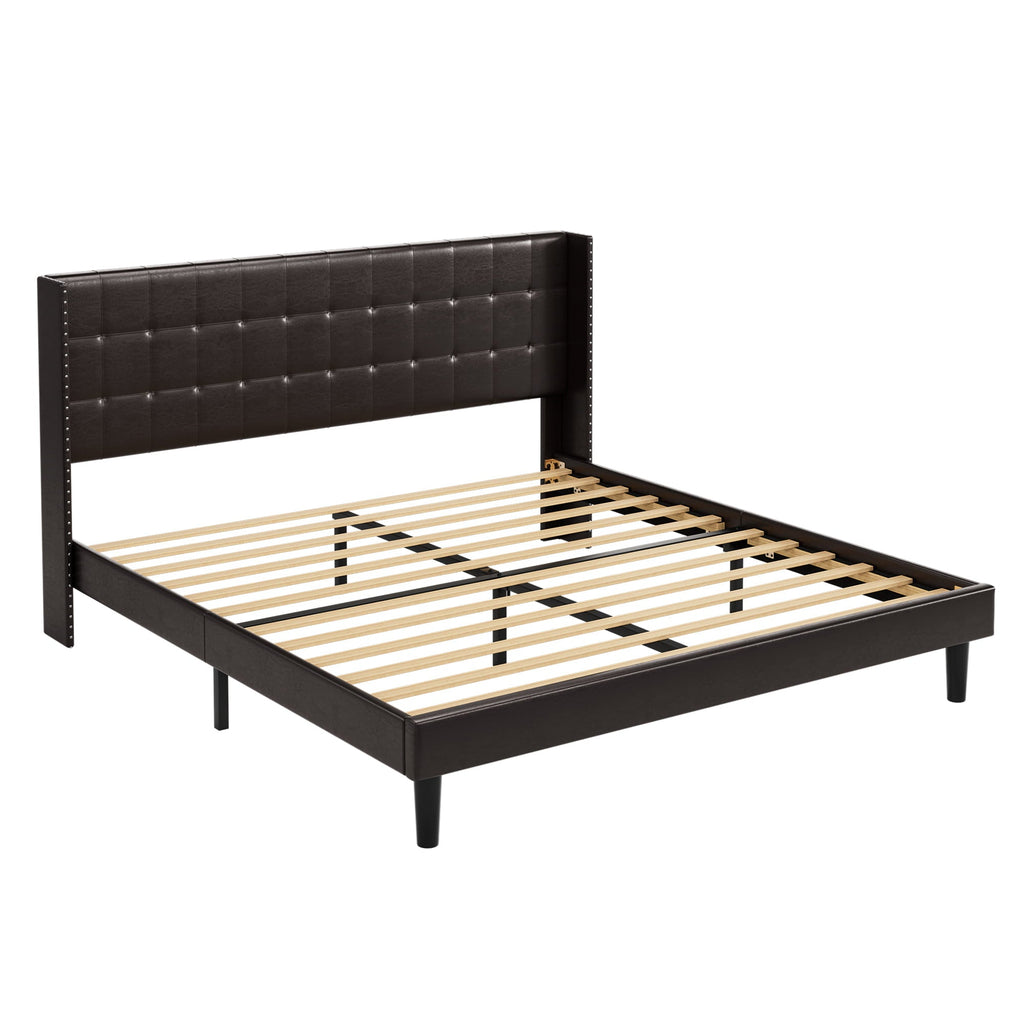 Homfa Full Bed Frame, Modern Bed Frame with Wing-Back PU Leather Upholstered Headboard, Wood Slat Support, Black Brown