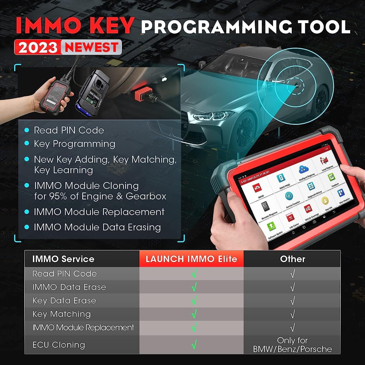 LAUNCH X431 IMMO Elite Key Programming Car Diagnostic Scan Tool with X-PROG3 Key Programmer, ECU Clone/match, CANFD&DOIP, 39+ Services  2 Years Free Update