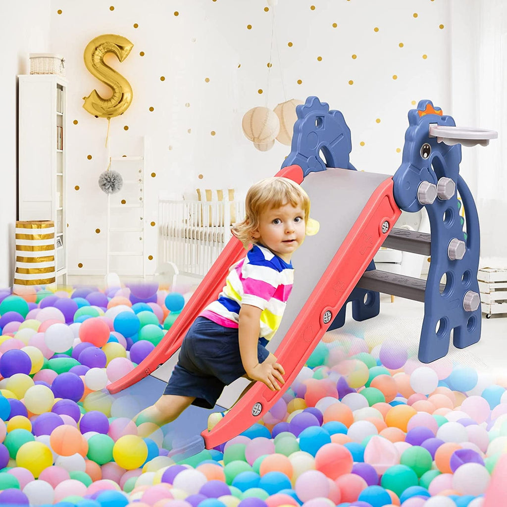 3 in 1 Slide for Kids, Toddler Slide Climber Set for Indoor Outdoor, Freestanding Game Slide with Extra Long Slipping Slope, Basketball Hoop and Ball for Boys & Girls (Blue)