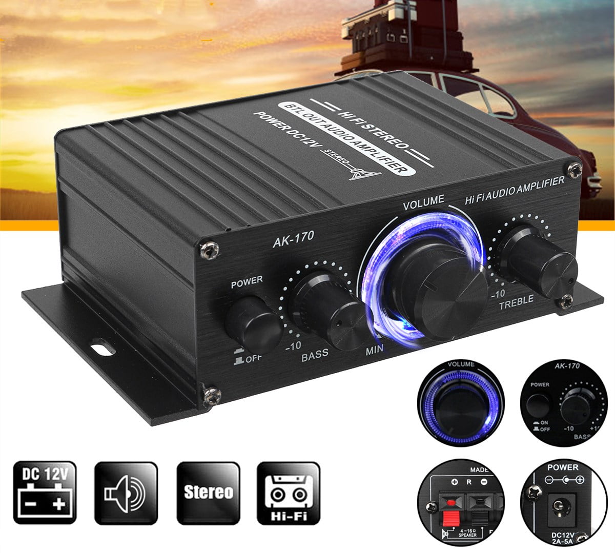 2 Channel Car Stereo Amplifier - 400W Dual Channel High Power Audio Sound Auto Small Speaker Amp with LED Light and Remote Control, Support SD/USB/MP3/FM/Radio