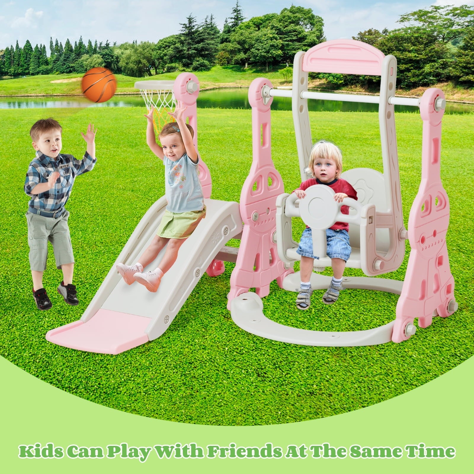 Ealing   4 in 1  Slide and Swing Set for Toddler  Indoor and Outdoor Baby Slide Climber Playset  with Basketball Hoop &  Backyard Playground Swing Slide for Boys and Girl Slide length: 11.02' L Pink