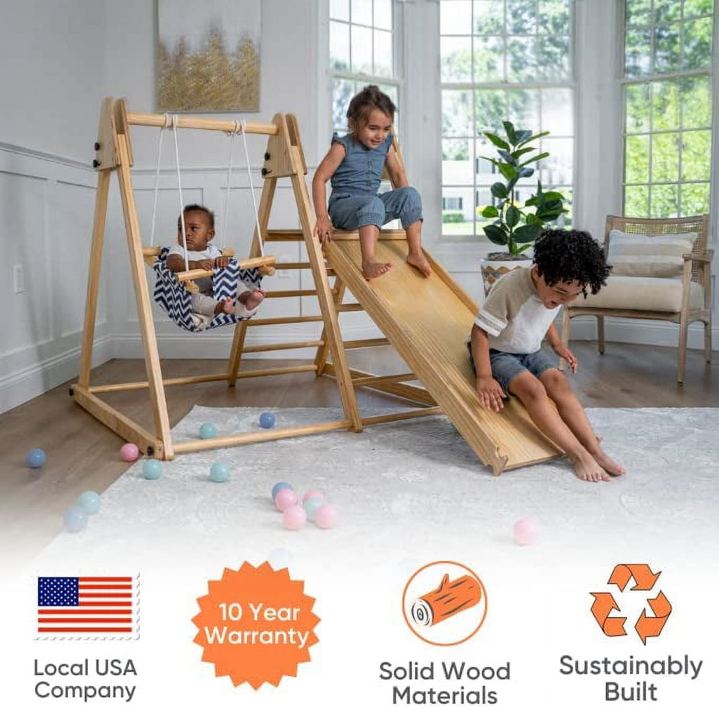 Avenlur Juniper Montessori Toddler Playset Indoor Playground Folding Gym, Interchangeable Baby/Toddler Swing 5 in 1 Multifunctional Foldable, Ladder Climber, Slide, Rock Climbing Kids Ages 1yr - 5yrs