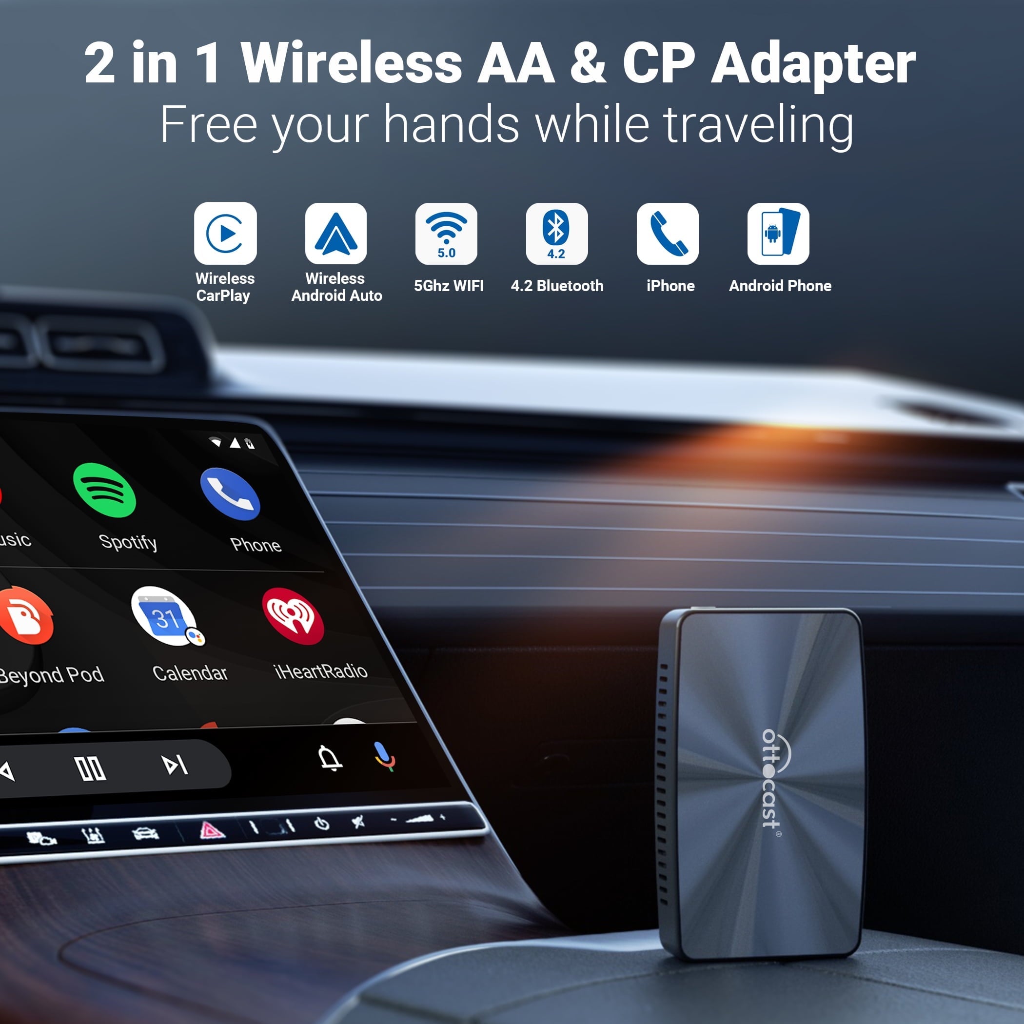 OTTOCAST U2-X Pro Wireless CarPlay Android Auto Car Adapter 2 in 1 for Wired CarPlay Cars Smart Button Faster Connection OTA Update