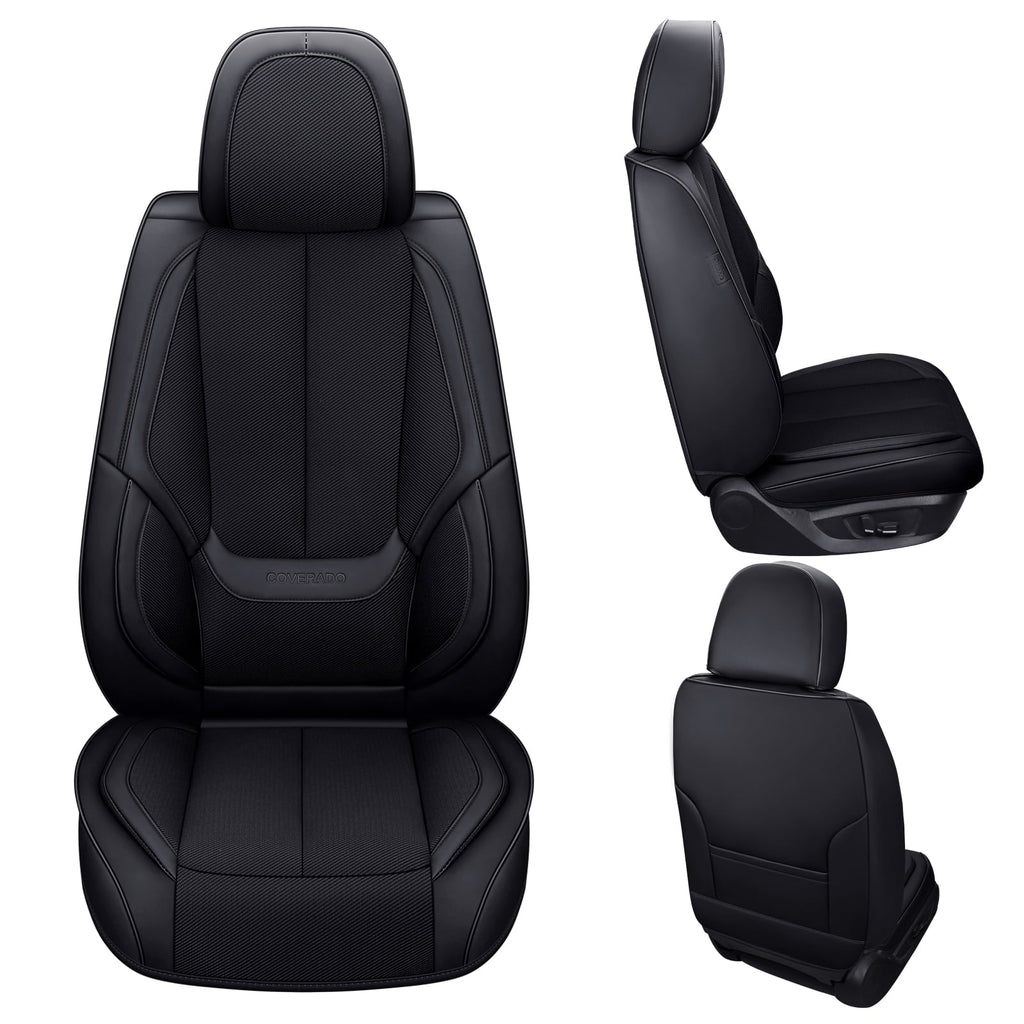 Coverado Front Seat Covers 6 Pieces,Breathable Fabric&Leather Car Seat Protectors,Universal Auto Accessories Compatible with Most Sedans SUV Pick-up Truck,Black