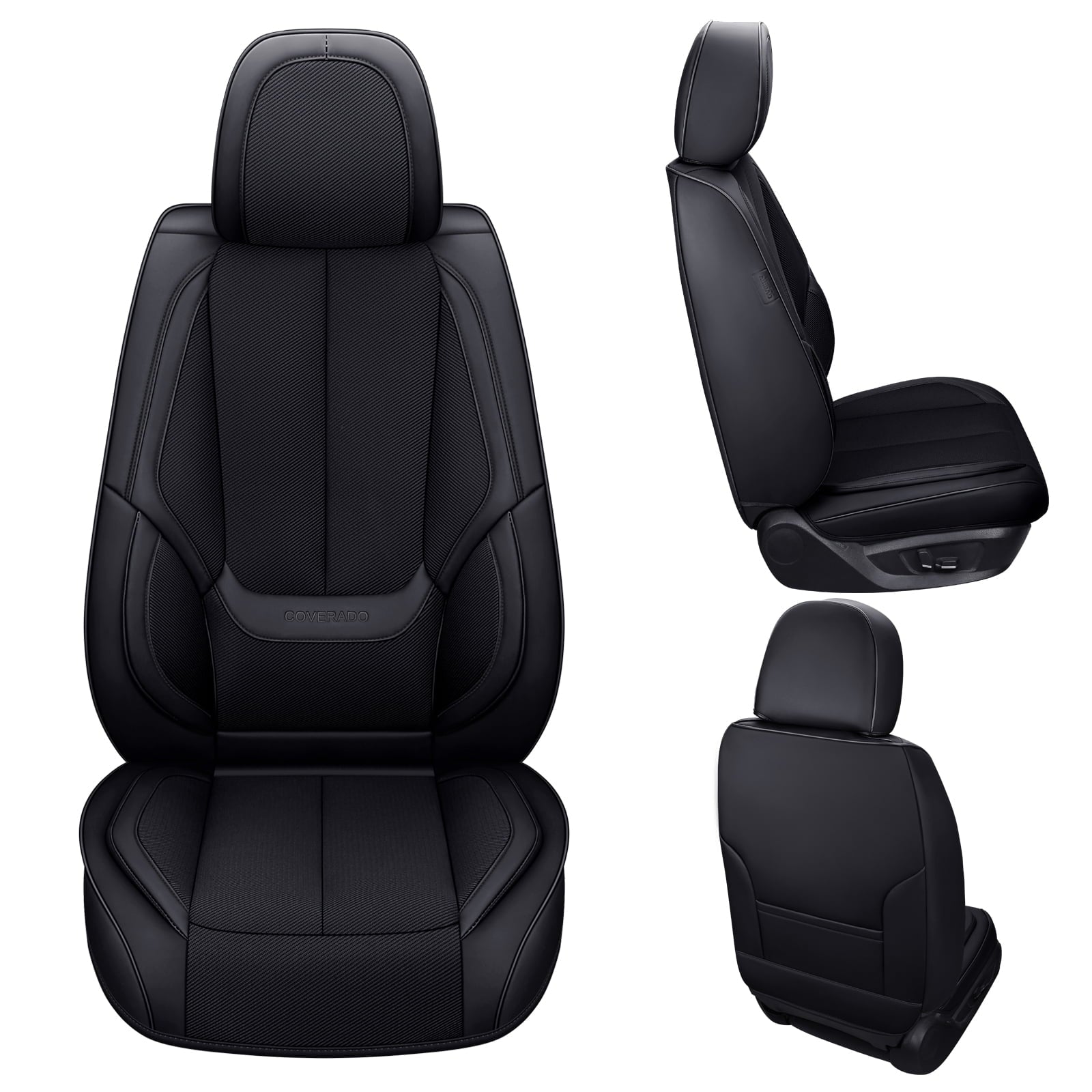 Coverado Front Seat Covers 6 Pieces,Breathable Fabric&Leather Car Seat Protectors,Universal Auto Accessories Compatible with Most Sedans SUV Pick-up Truck,Black