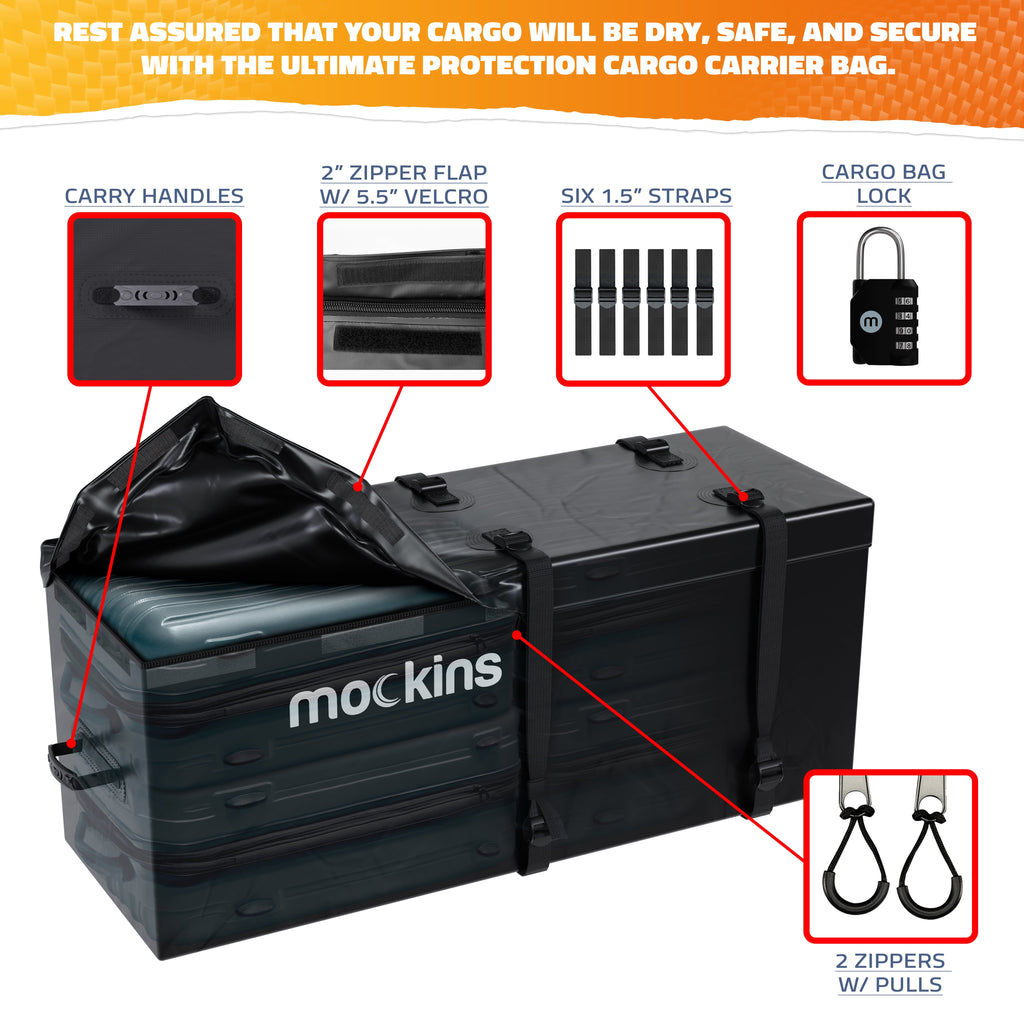 Mockins 60"x20"x6" Car Cargo Carrier Hitch Mount | 500 lbs Cap. Folding Hitch Basket with 16 CF Cargo Bag