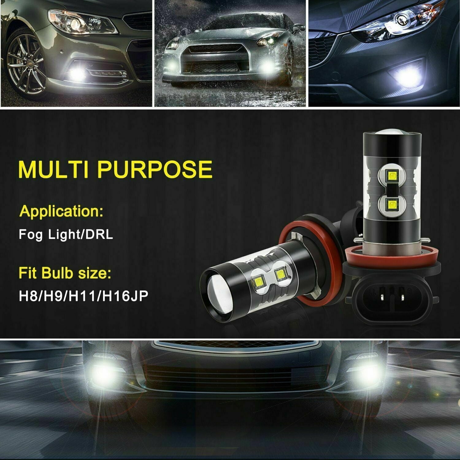 For Chevrolet Impala 2006-2013 - 6000K White LED H8/H9/H11 Fog Light Bulbs Kit 2x