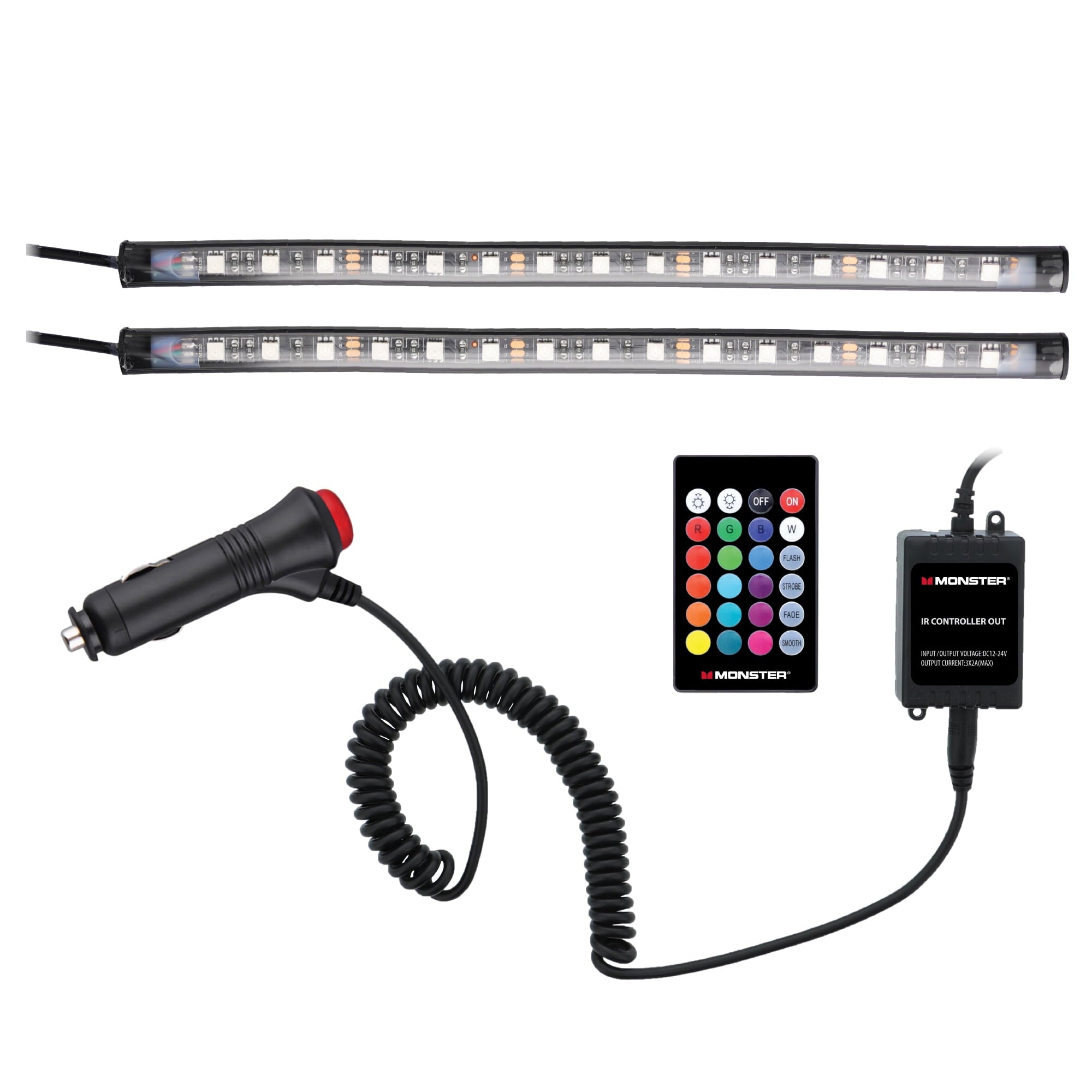 Monster LED Multicolor Automotive Interior Accent Lights, Customizable with Remote, 2-Pack